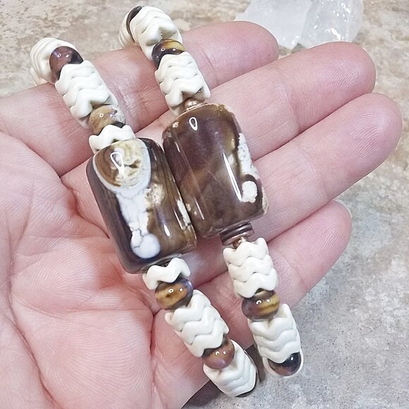 Coffee + Cream! Fire Agates! Big + Chunky OOAK Bracelet - Rustic Rugged Calm - Picture 4 of 7